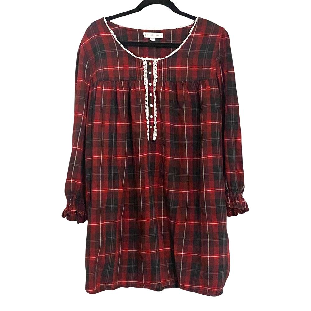 Eileen West Plaid Babydoll Tunic Sleep Dress Pajama Top XL Prairie Lace Trim